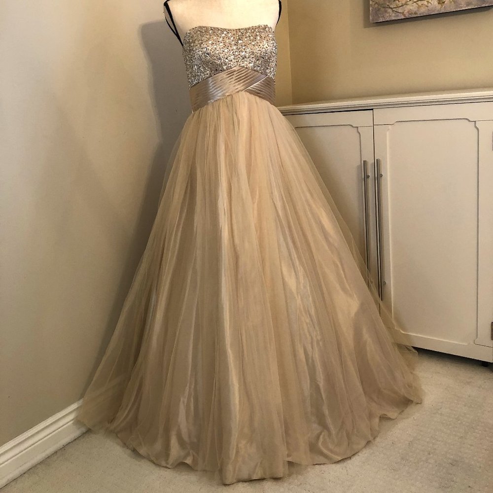 Xscape, Strapless Embellished Champagne Tulle & Satin Ball Gown, Size 10